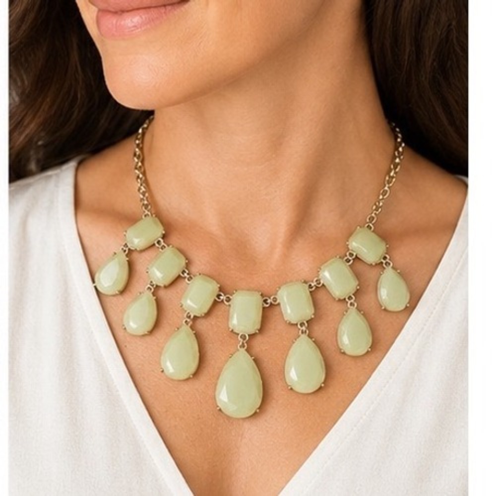 Sage Green Resin Teardrop Statement Bib Necklace Gold Tone Link Chain